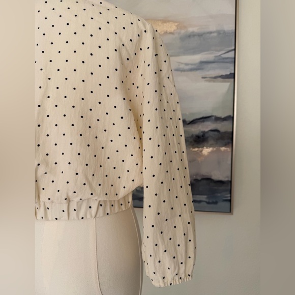 Francesca’s Collection Blue Rain Ivory & Black Polka Dot Wrap Blouse - Picture 8 of 16